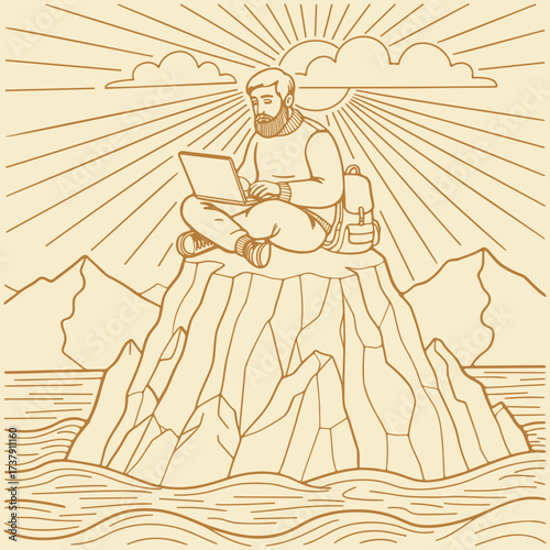 freelancer man working on laptop sitting on iceberg peak, remote work line drawing