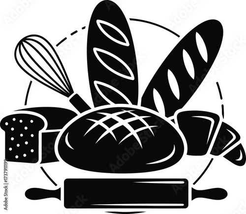 Bakery logo with bread croissant and baking tools
