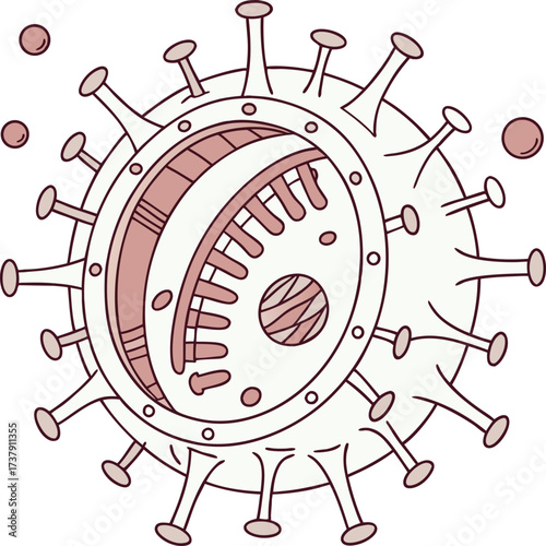Detailed abstract illustration of a virus particle with internal genetic material, perfect for science and health communications