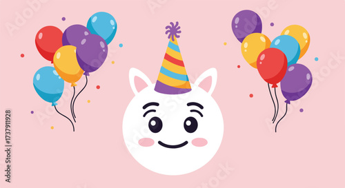 Cute cartoon unicorn face with party hat and balloons celebrating a birthday