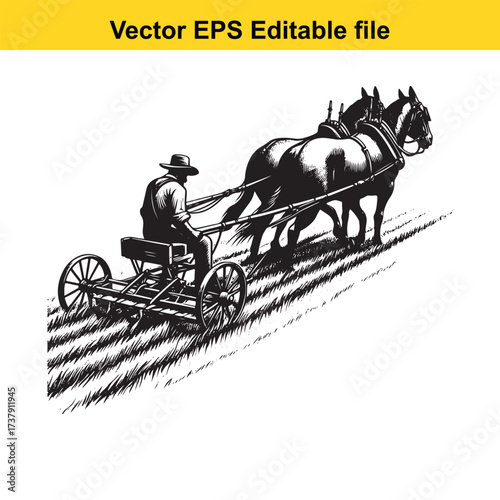 Vector art of man riding horse cart in field