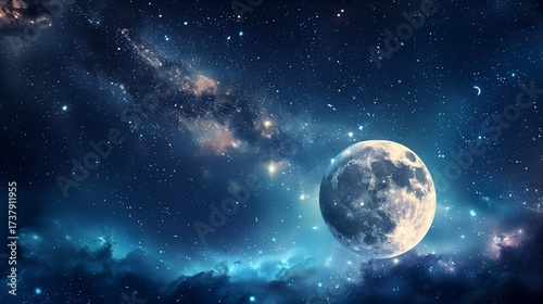 Full moon glowing among thousands of sparkling stars, galaxy night sky, cosmic fantasy art.