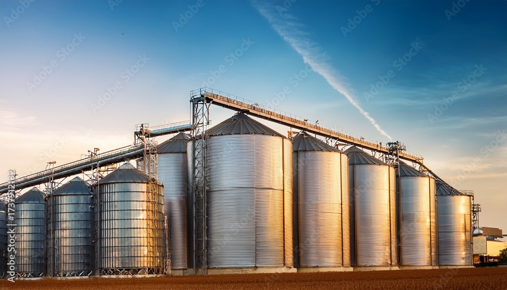 Obraz premium agricultural silos storage and drying of grains wheat corn soy sunflower industrial building exterior big metallic silver containers close up background of agricultural tanks with copy space