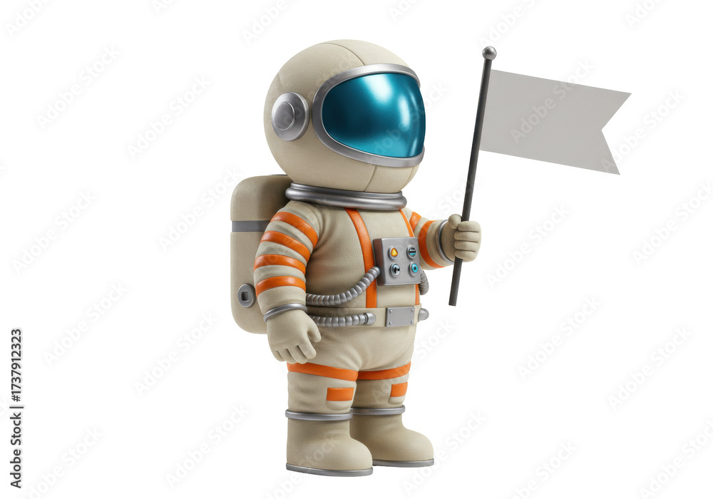 Naklejka premium Astronaut cartoon character holding a flag isolated PNG, space explorer in spacesuit with blank banner on transparent background