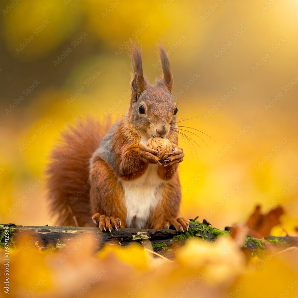 Obraz premium Squirrel eating nut in autumn