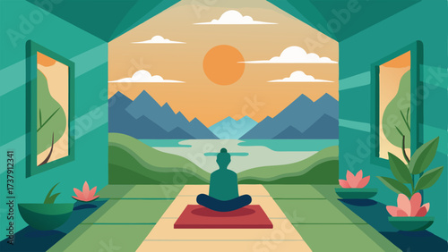 A quiet and peaceful meditation room with a serene natureinspired mural on the walls.