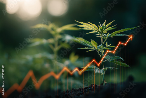 A young cannabis plant is depicted with a glowing upward trend line, representing financial growth and investment potential in the cannabis industry.