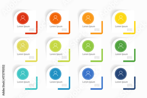 For business concept with 12 steps infographics, shape with multicolor label, design for workflow layout, diagram, annual report, web design. vector illustration