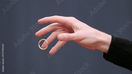 A hand holding a ring against a blurred background.