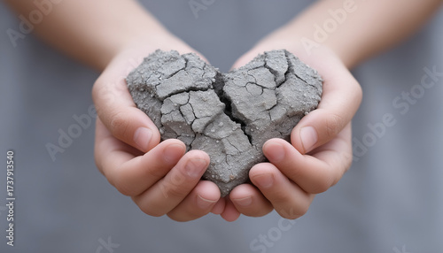 Hands holding a cracked heart-shaped stone symbolizing care or emotion.