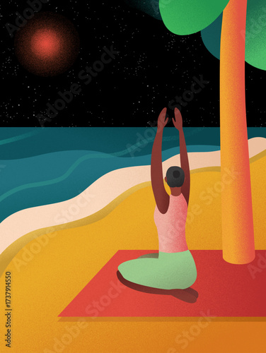 Mindful Yoga by the Night Ocean An Illustration of Serene Meditation in a Sea Landscape