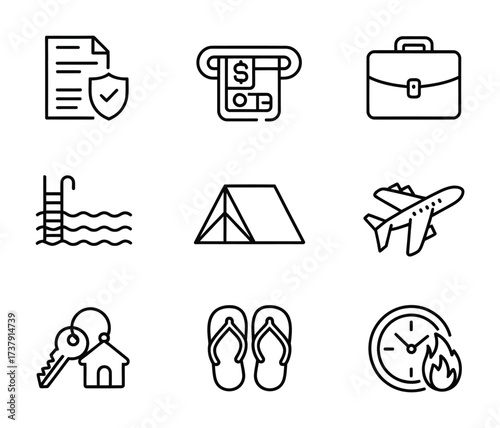 Travel essentials line icons with airplane, tent, suitcase and flip flops