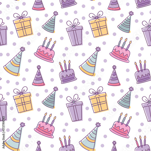seamless birthday pattern with cakes, gift boxes, party hats and polka dots in pink, purple, yellow and blue on white background