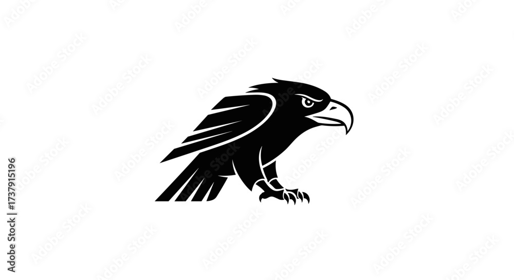 Fototapeta premium Black stylized eagle in profile looking forward on white flat illustration