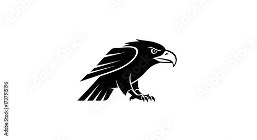 Black stylized eagle in profile looking forward on white flat illustration