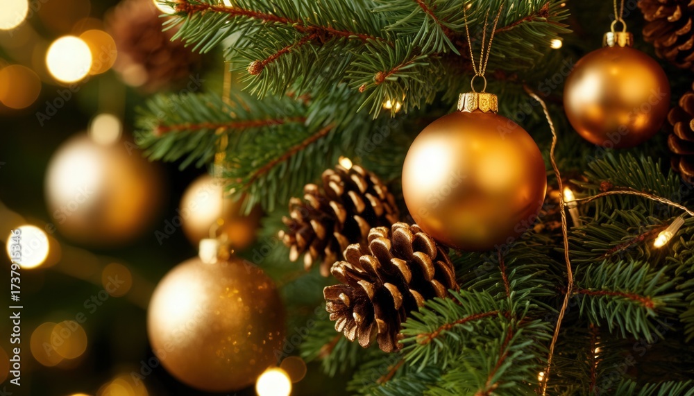 Obraz premium Close-up of Christmas tree branches with golden baubles, pinecones, and fairy lights against a blurred bokeh background. Perfect for festive branding, seasonal décor, and holiday campaigns.