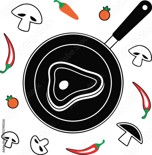 Overhead view of a frying pan with steak surrounded by vegetables on a white background meat beef