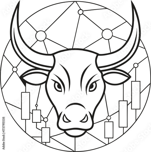 Stylized black and white illustration of a bull's head with financial market chart elements finance stock market