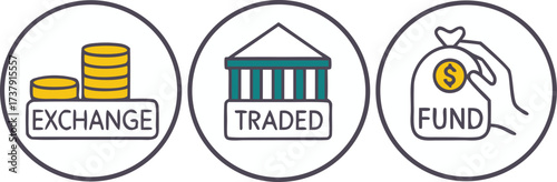 Three circular icons depicting exchange coins traded bank and fund money bag with hand finance currency