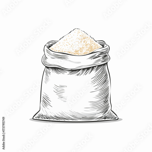 Hand-drawn sketch of a burlap sack overflowing with white granular sugar or flour, isolated on a white background, in an engraving style.