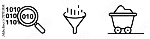 Data mining and analytics line icons set binary filter extraction