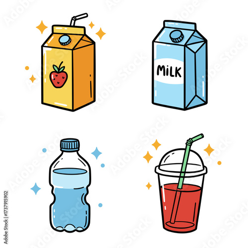 Collection of children's meals themed icons: juice box, milk carton, water bottle, small smoothie  