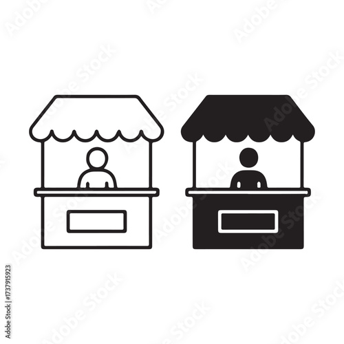 Outlined and Filled Market Stall Icons with Person, Counter, Sign, and Canopy.
