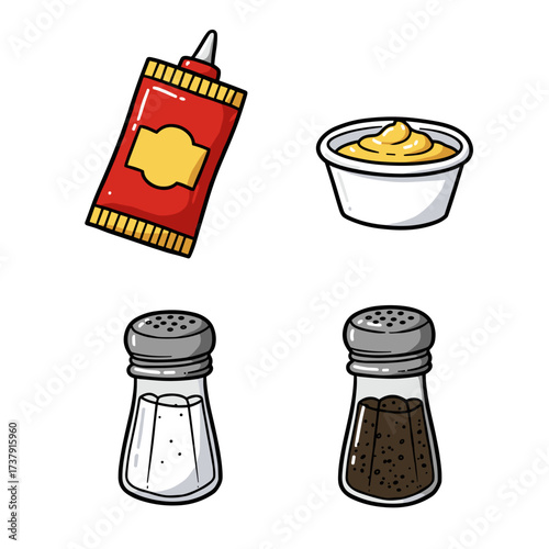 Collection of Children's Meals themed icons: Ketchup Packet, Small Dip Cup, Salt Shaker, Pepper Shaker  