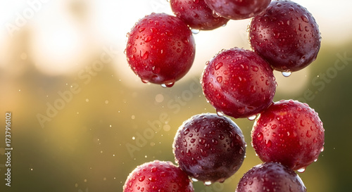 Wallpaper Mural A cluster of plums with water droplets suspended in mid-air against a blurred, natural background. Torontodigital.ca