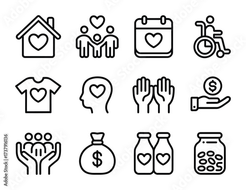 Fundraising and charity line icons set nonprofit support community donation