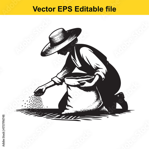 Vector art of farmer sowing seeds from a bag