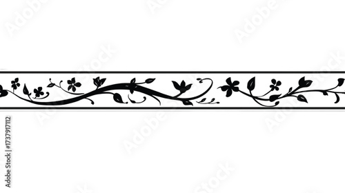 Black floral vine border with leaves and flowers black and white