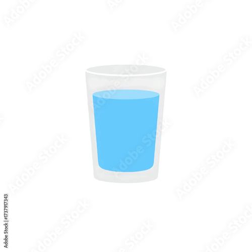 Glass tumbler filled with fresh, clear drinking water, flat vector icon, white and blue, hydration and health