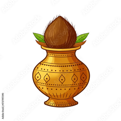 Kalash or Purnakumbha golden pot with coconut and mango leaves, detailed vector, gold and brown, Hindu ritual