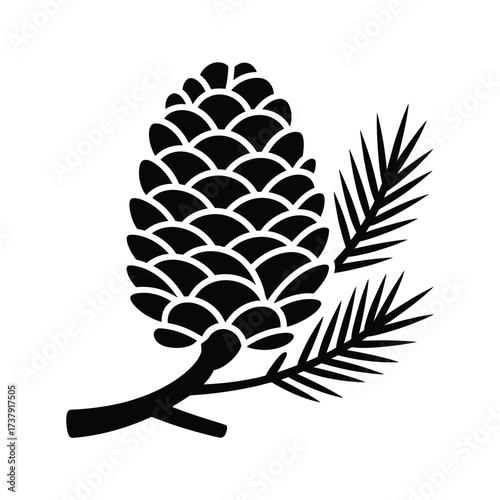 Stylized black and white pinecone and pine needles illustration