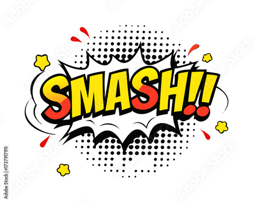 Sound effect bubble with exclamation ‘Smash!’ in retro halftone comic book style