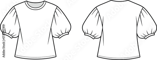 Fashion flat sketch puff sleeve blouse design, short sleeve round neck top, technical CAD vector illustration, apparel template garment drawing flat vector
