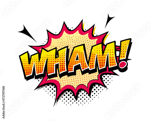 Sound effect bubble with exclamation ‘Wham!’ in retro halftone comic book style