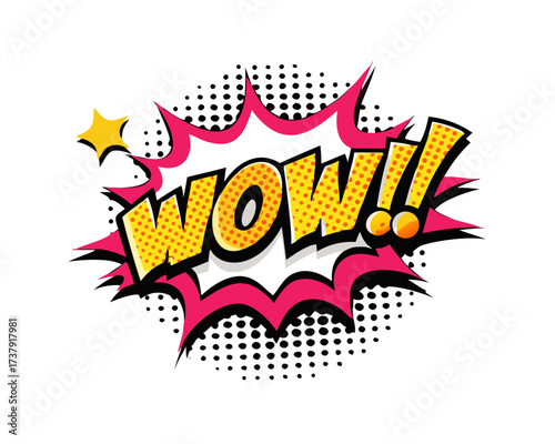 Sound effect bubble with exclamation ‘Wow!’ in retro halftone comic book style