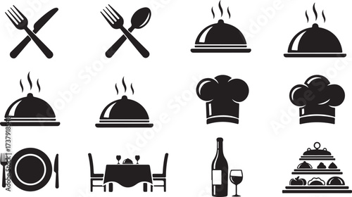 Set of restaurant and dining icons including cutlery chef hats food cloches and table settings for hospitality