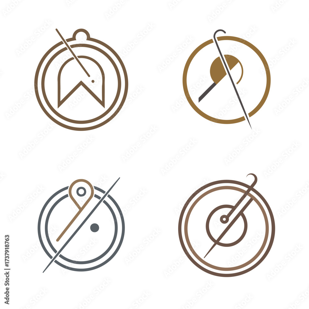 Fototapeta premium Four circular geometric abstract logos with needle and thread elements