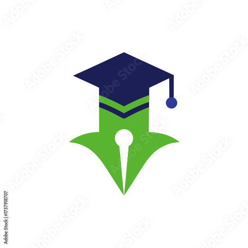 Graduation cap and pen nib in green and blue on transparent background