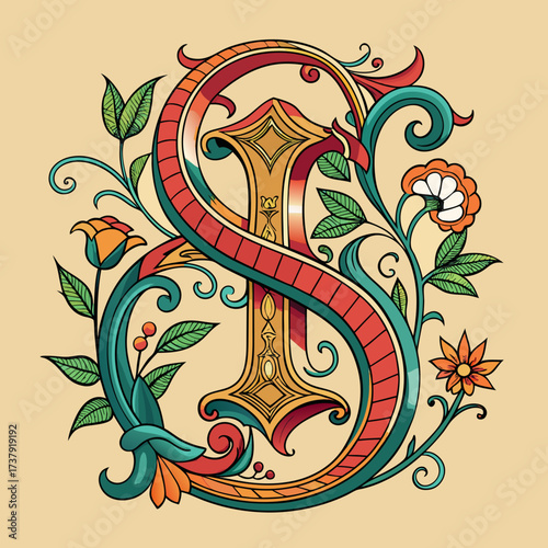 Ornate illuminated letter s with floral embellishments