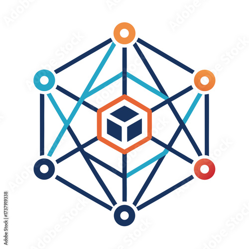 Abstract network structure with central cube and connected nodes