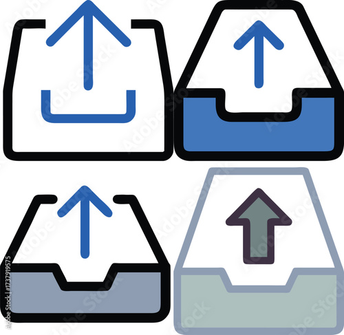 A collection of upload icons of different styles, with an arrow symbol pointing upwards. The icons are designed in various colors and shapes