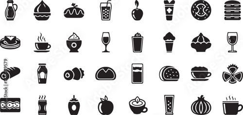 Set of assorted food and beverage icons presented in a hand-drawn sketchy style for a modern look