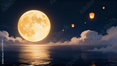 Moonlit Sky with Floating Lanterns