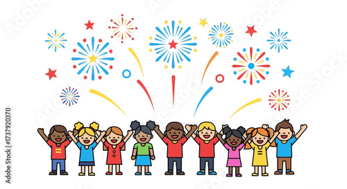 Multicultural group of children celebrating with colorful fireworks illustration graphic design