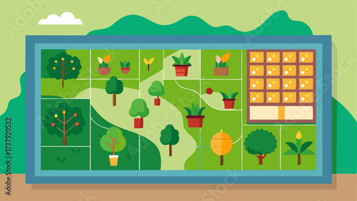 A large map of the community garden is displayed on one wall indicating which plots are available for rent and what crops are currently growing.