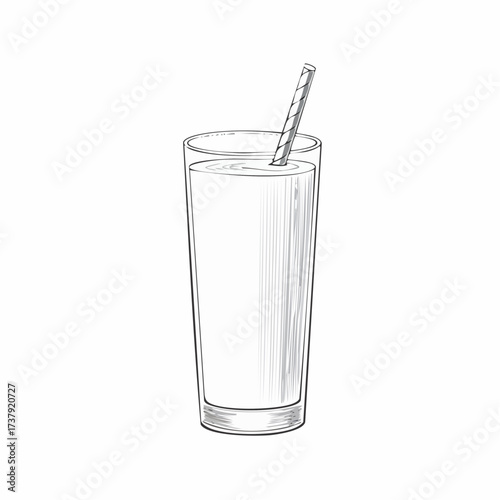 Illustration of a tall glass filled with a white liquid and a straw.